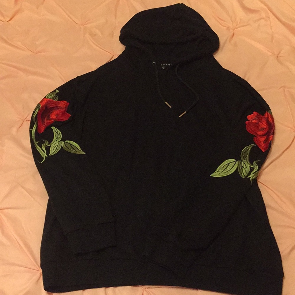 Black Hoodie With Red Roses on the Sleeves